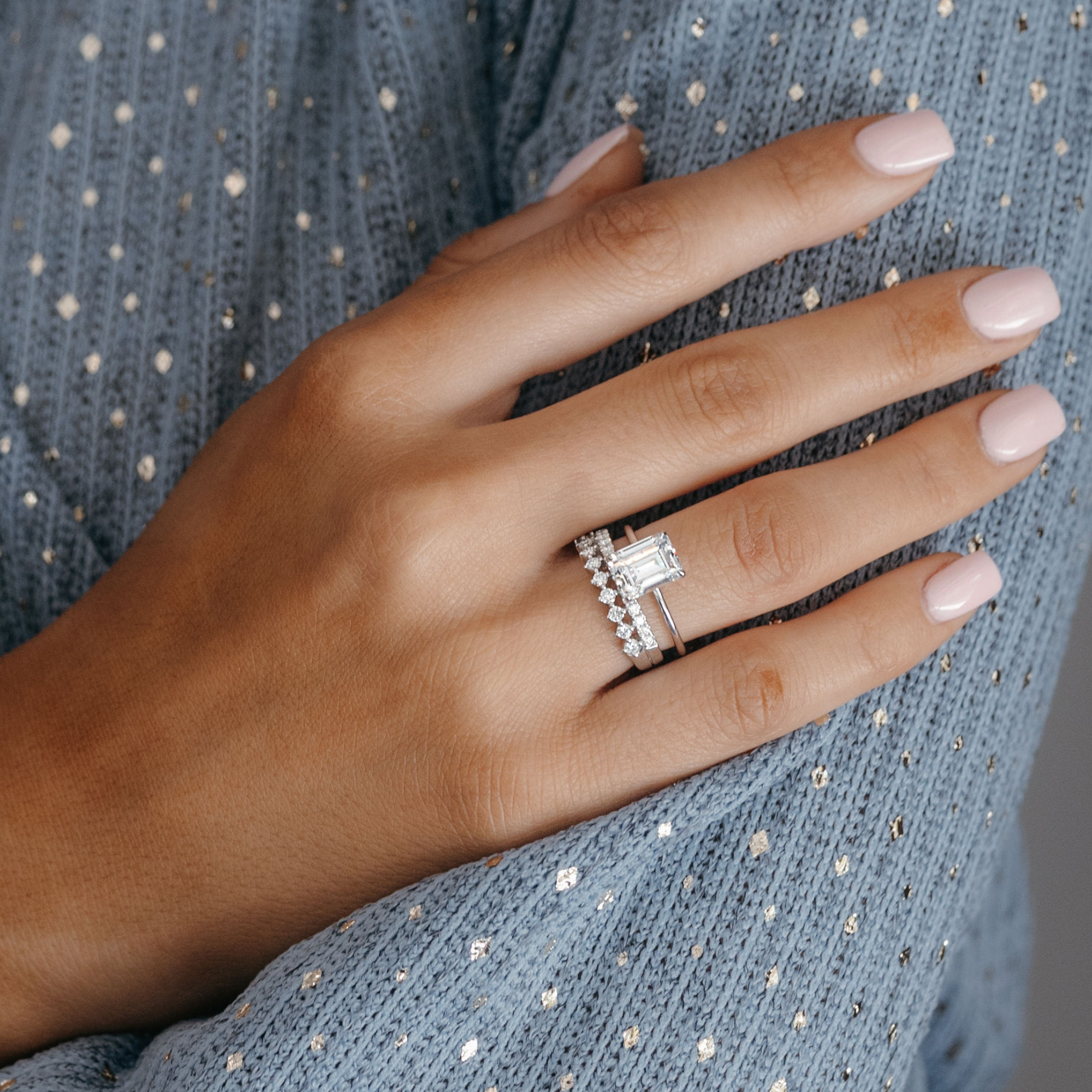 emerald cut diamond engagement ring with wedding bands