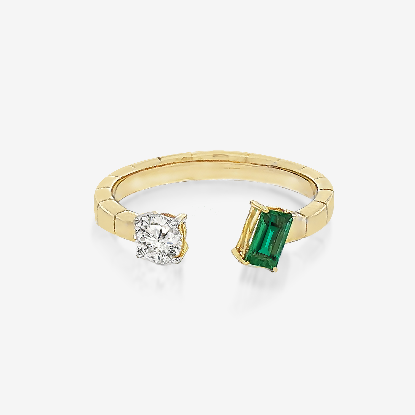 Emerald Cut Emerald & Round Diamond Bypass Ring