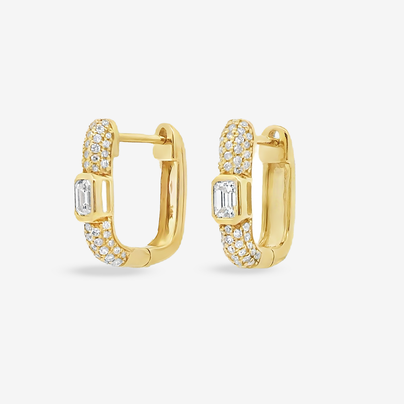 Emerald Cut Pave Diamond U Hoop Huggie Earrings
