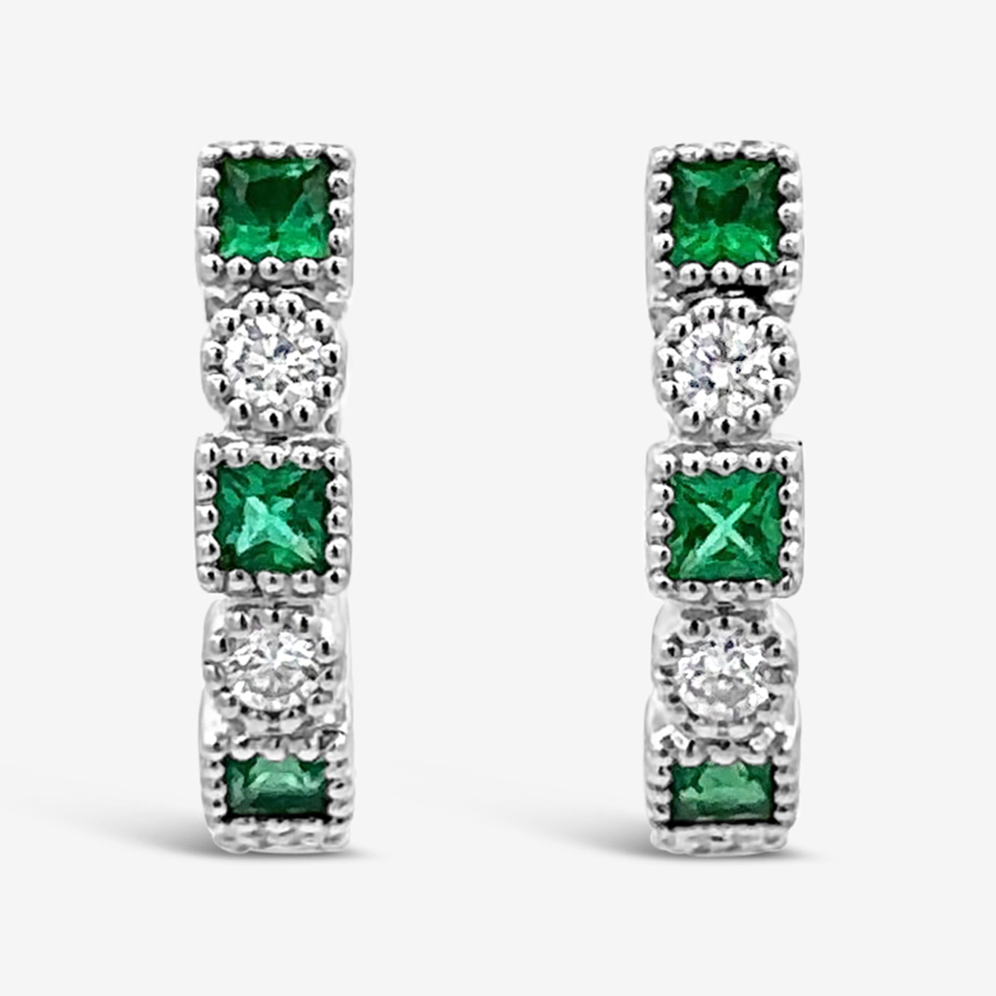emerald and diamond white gold earrings with milgrain detail