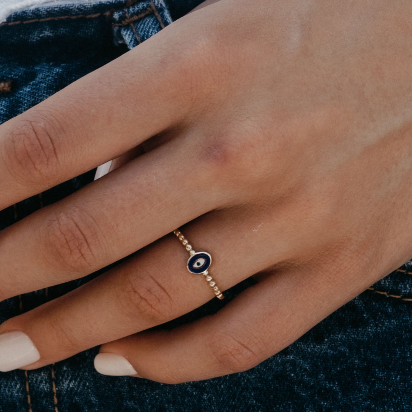 greek evil eye and gold bead ring