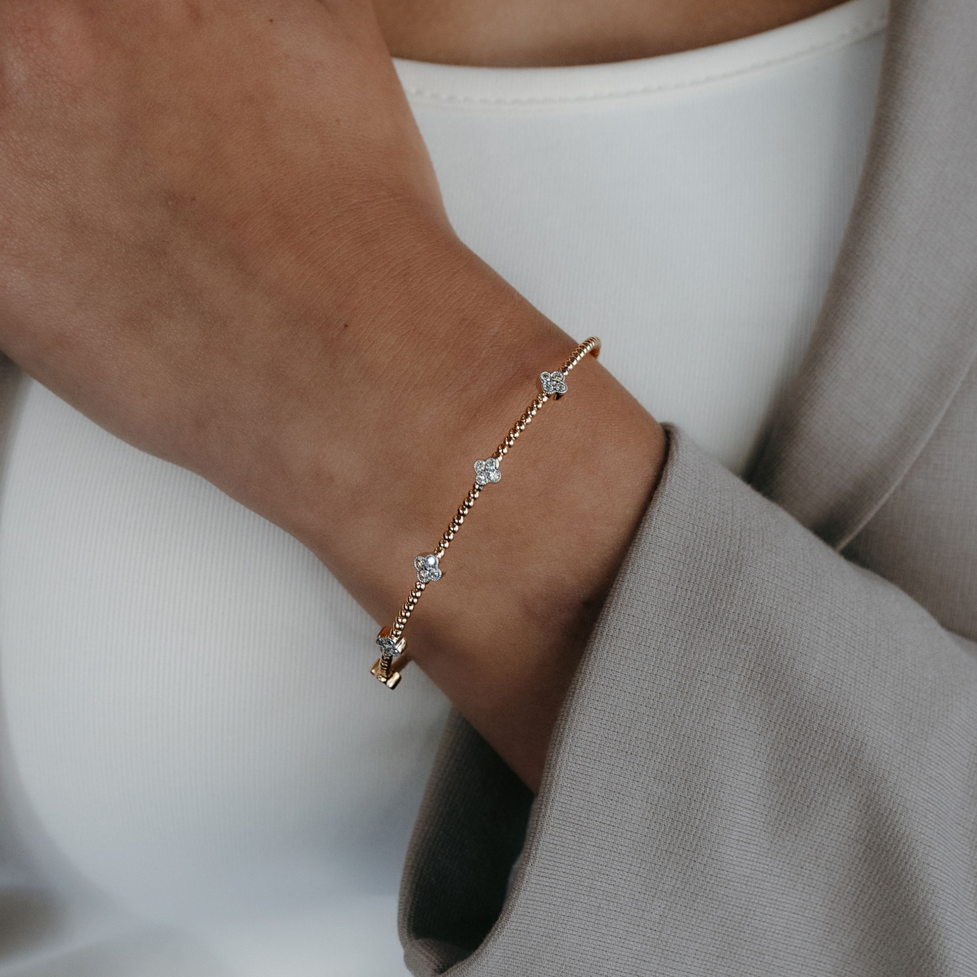 floral diamond and gold bead bangle bracelet