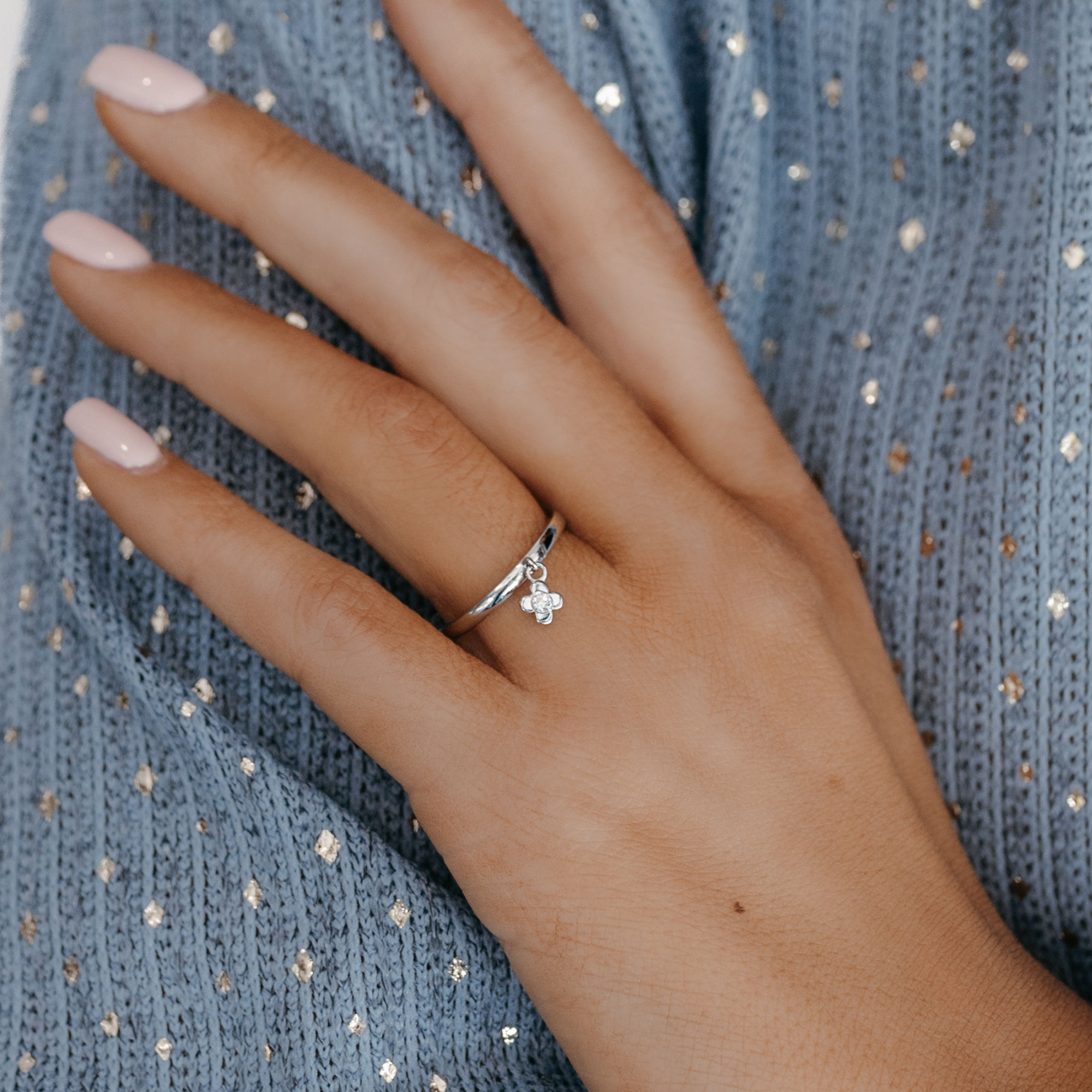 white gold and diamond flower charm ring