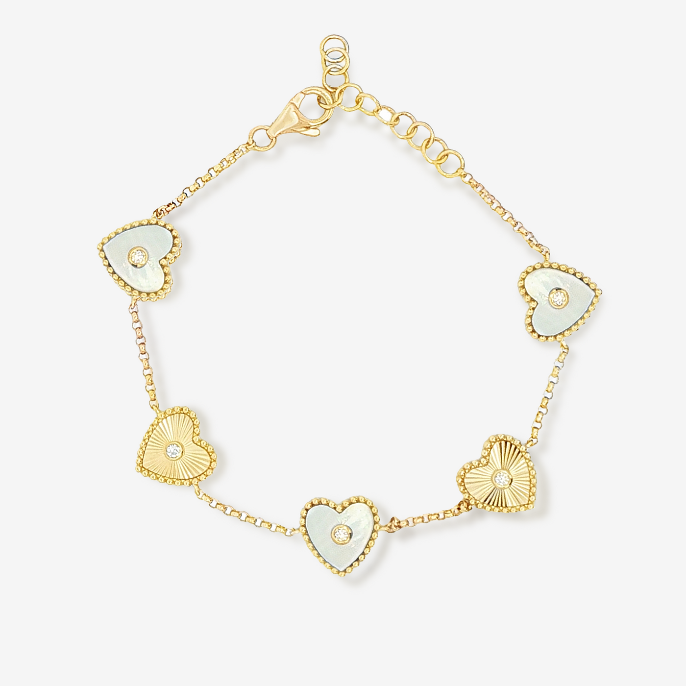 Fluted, Beaded, MOP & Diamond Heart Bracelet