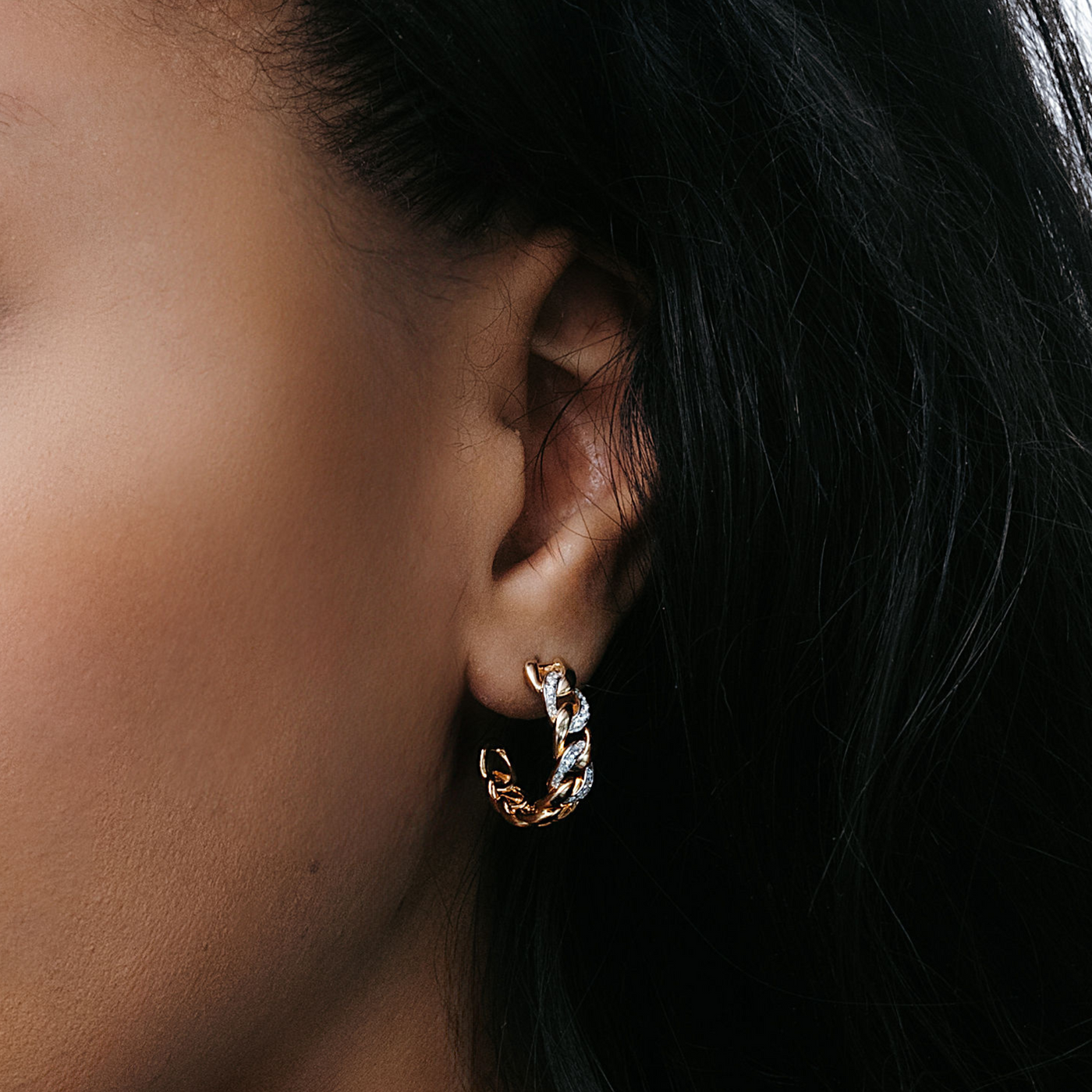 diamond and gold havana link hoop earrings