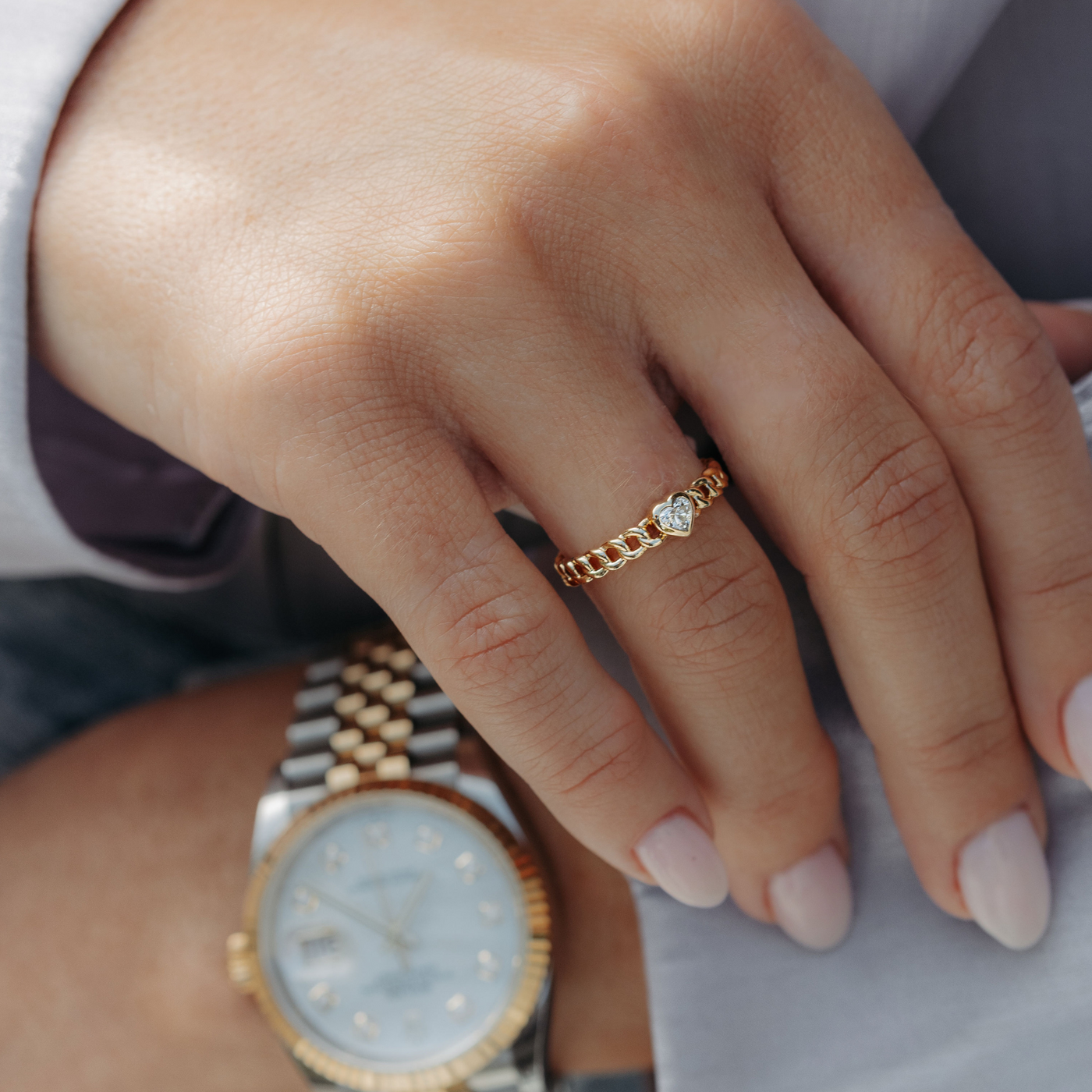 heart shaped diamond and havana link ring