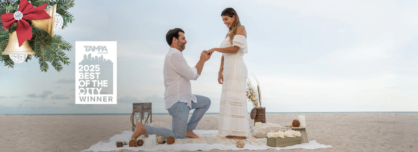 Mavilo Wholesalers Voted #1 Jewelry Store to Buy an Engagement Ring in Tampa Bay. Mavilo Wholesalers is Tampa Magazines Best of the City Winner in Best Jewelry Store category. Jewelry Shopping Guide voted Mavilo as the Top Place to Buy an Engagement Ring in Tampa. Engagement Proposal on the Beach. Bow Tie & Bell.