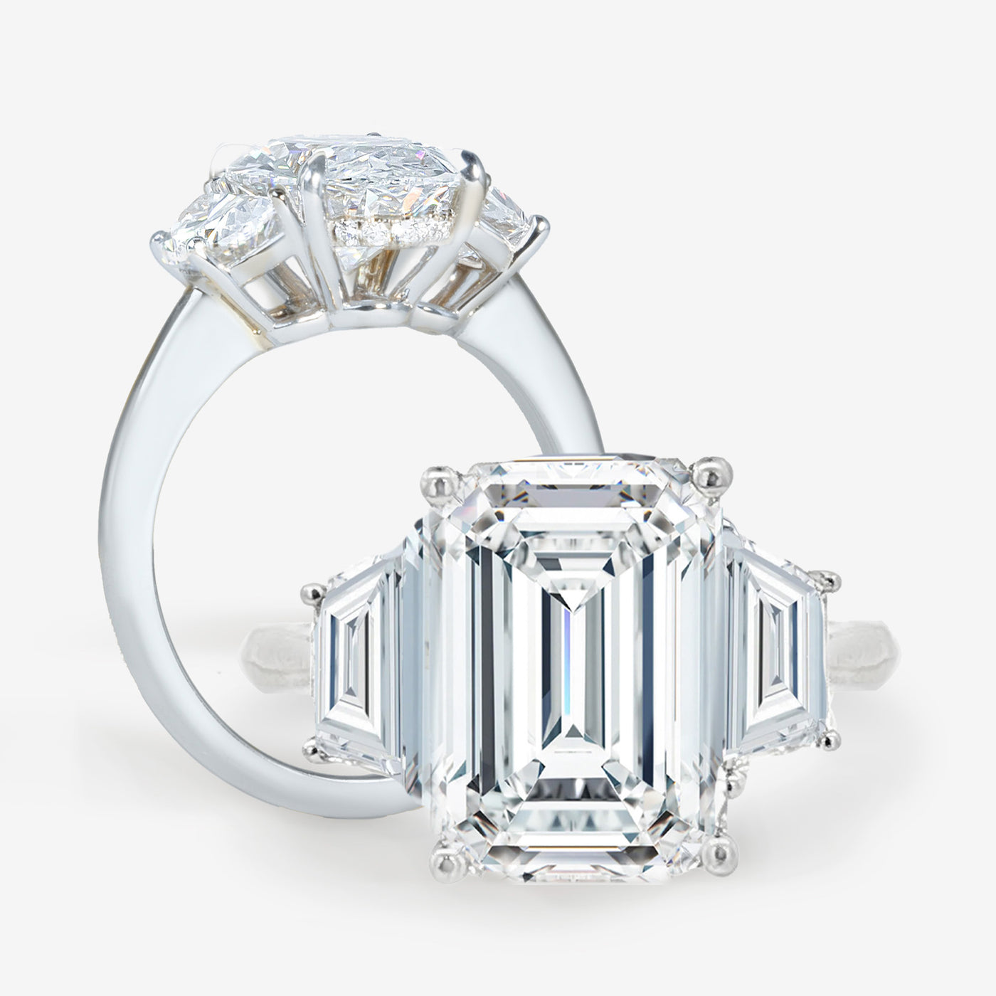 Iconic 3 Stone - Trapezoid Sides - Emerald Cut Engagement Ring