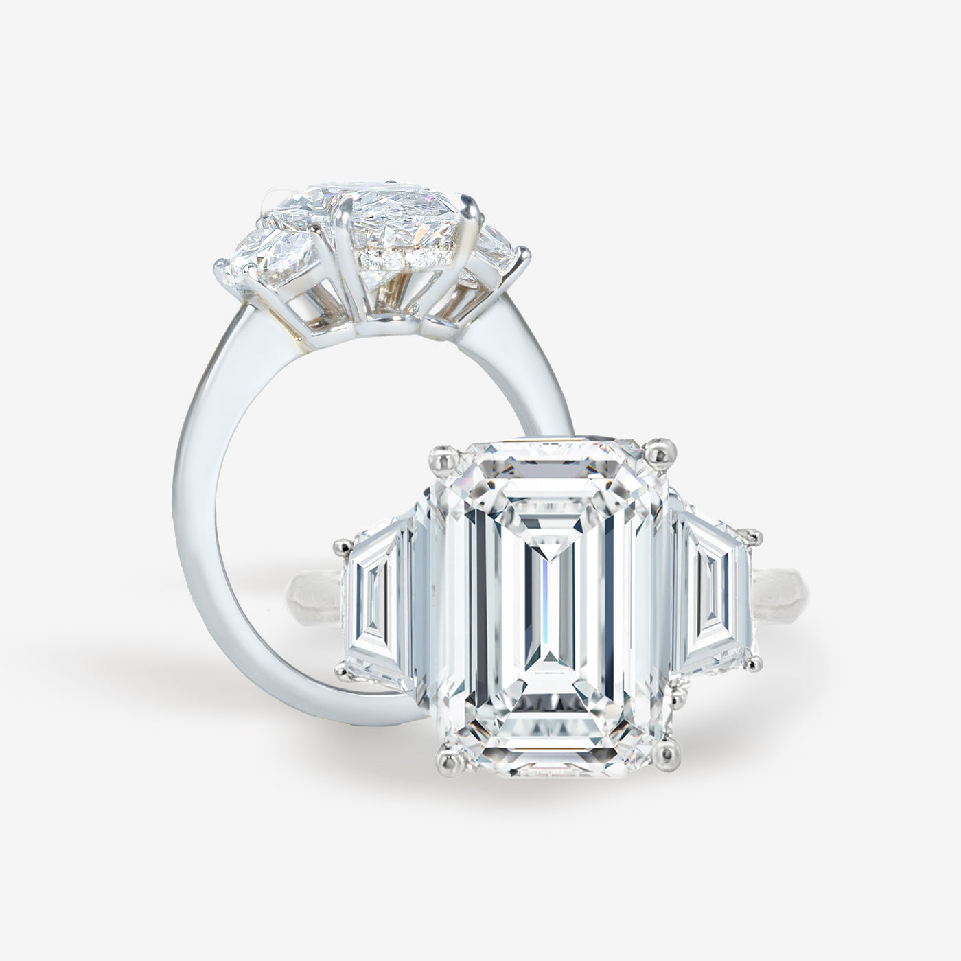 Iconic 3 Stone - Trapezoid Sides - Emerald Cut Engagement Ring