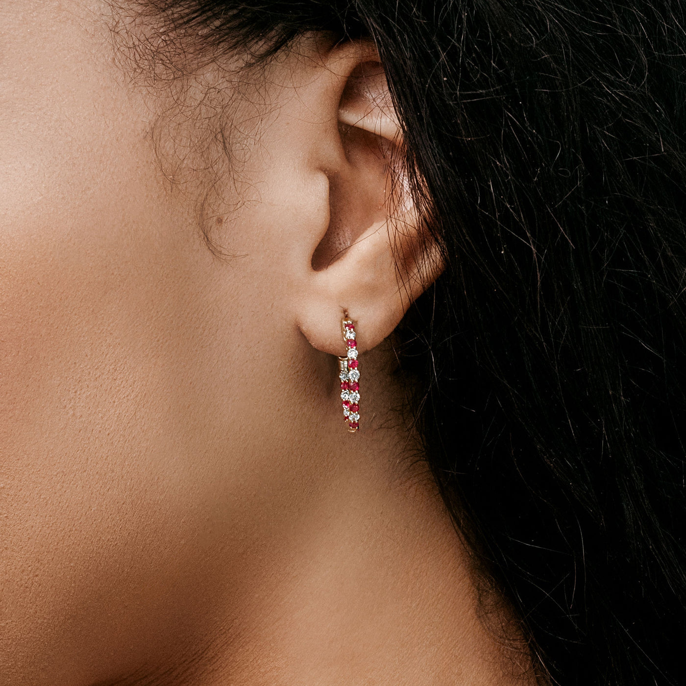 eternity ruby and diamond hoop earrings