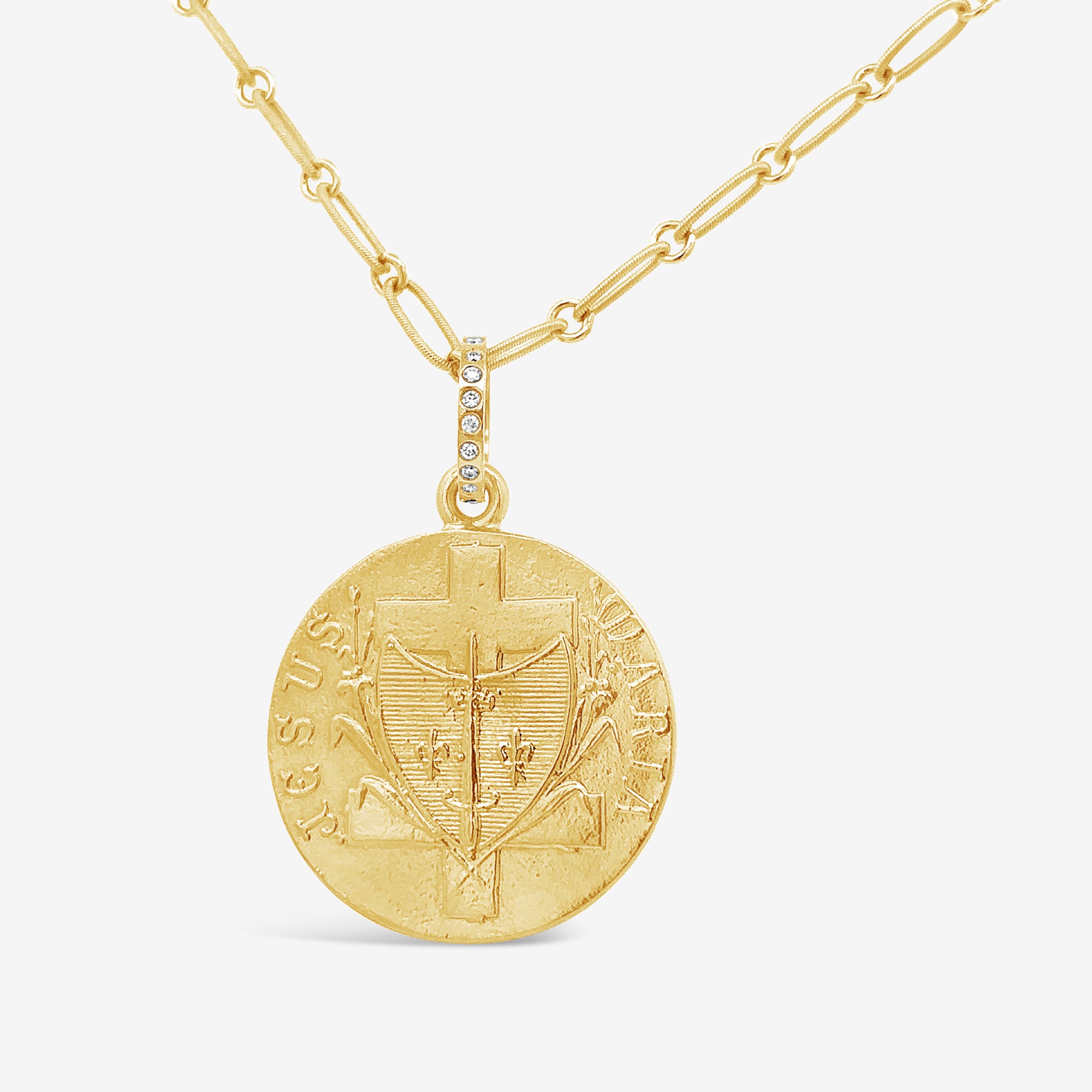 gold and diamond joan of arc medallion necklace