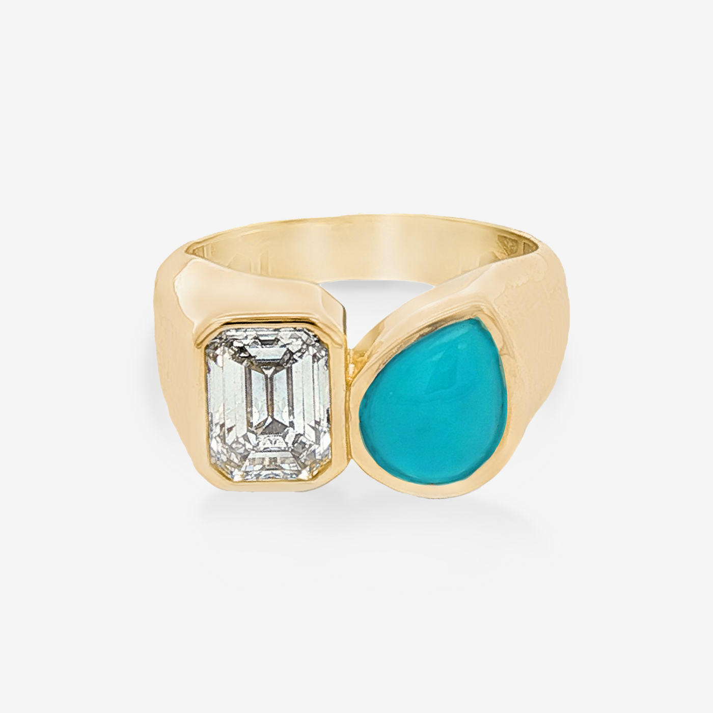 Lab Grown Emerald Cut Diamond & Pear Turquoise Ring