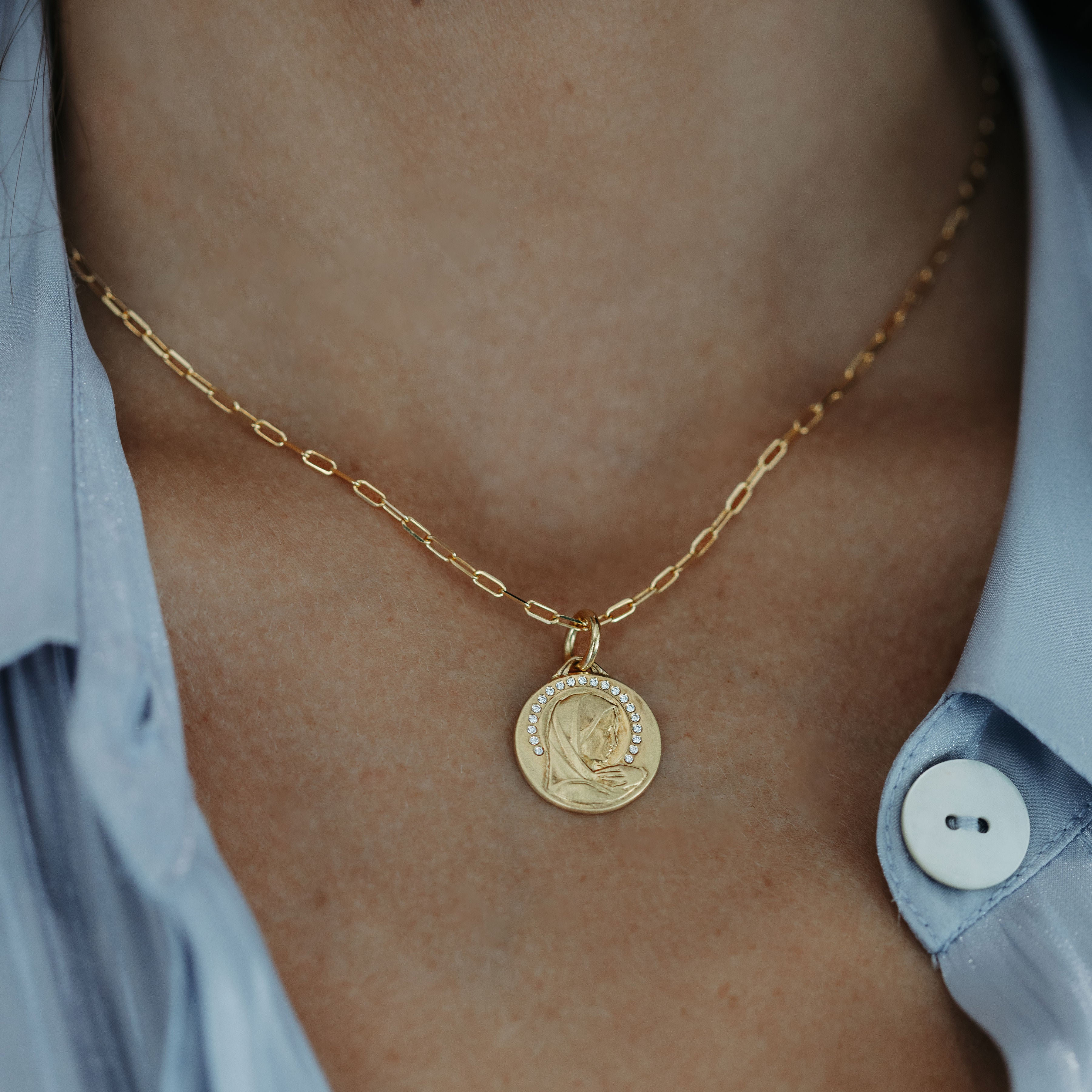 virgin mary of Notre Dame Catholic religious gold and diamond medal necklace