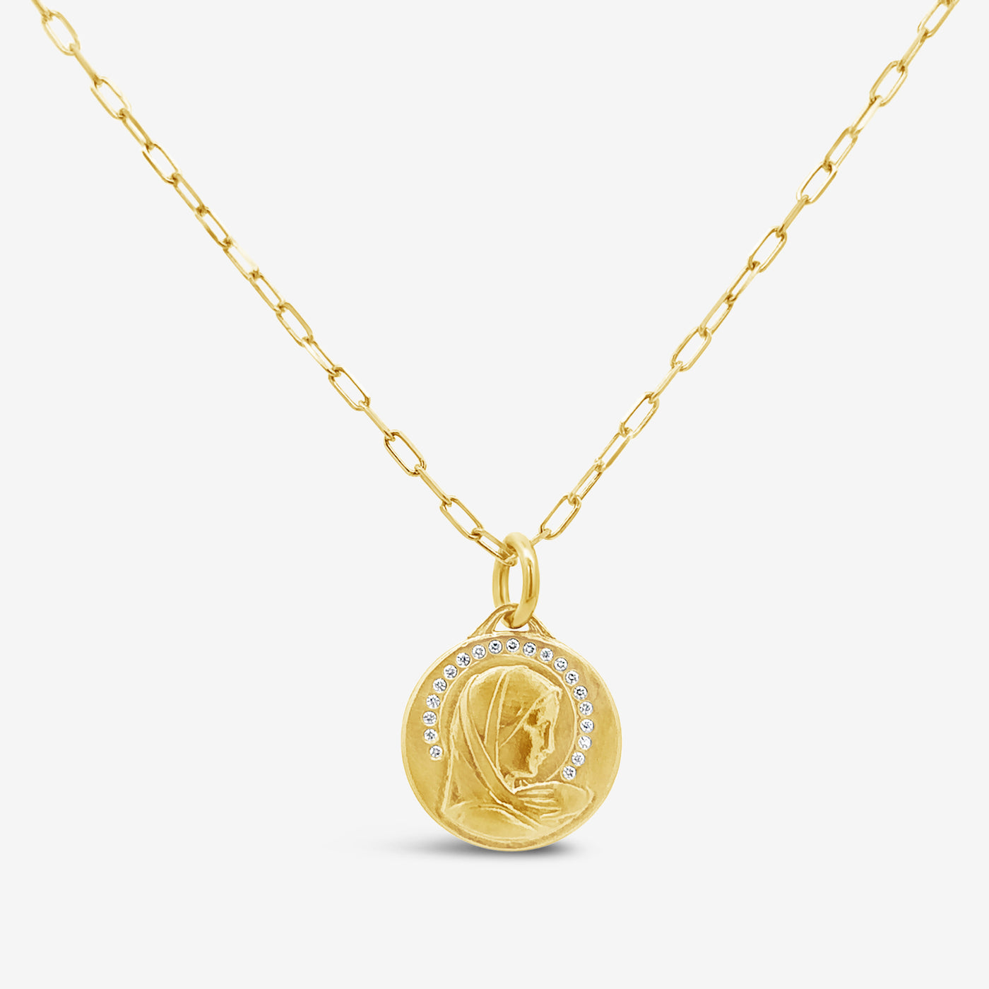 virgin Mary of Notre Dame gold and diamond catholic religious medallion necklace