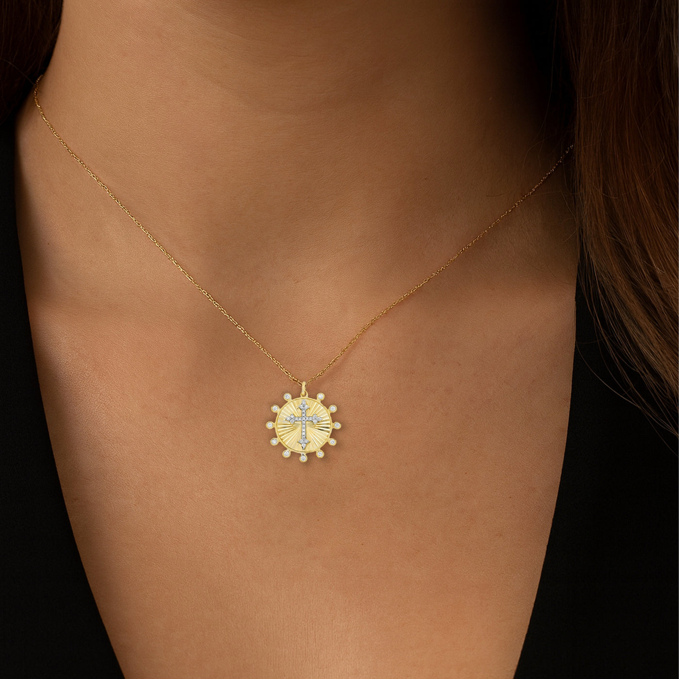 Botonee Cross Medallion Bezel Set Halo Pendant