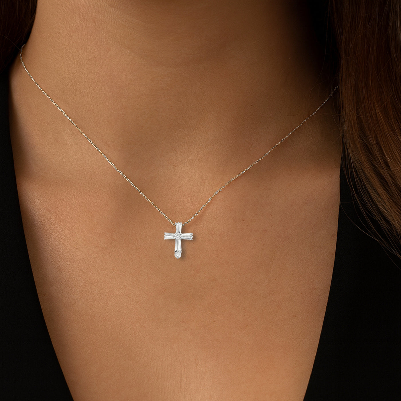0.35CT Round & Baguette Diamond Cross Pendant