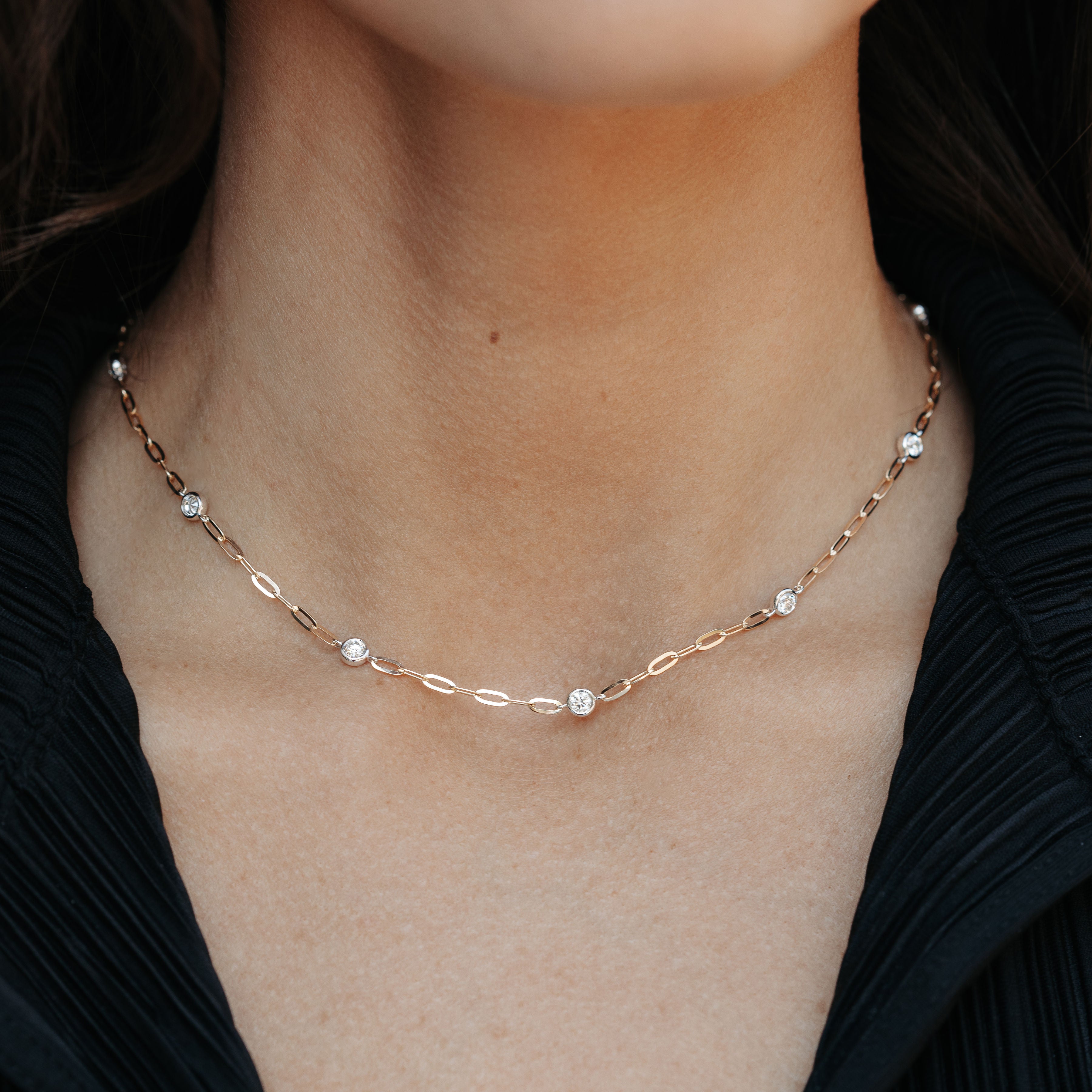 paperclip link two tone gold diamonds by the yard necklace