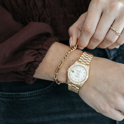 gold paperclip and curb link bracelet