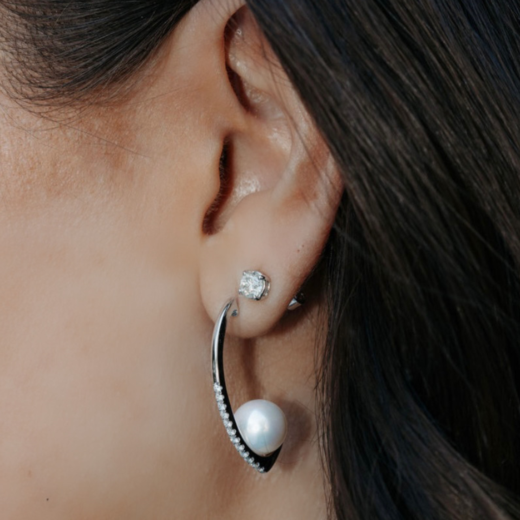 suspended pearl and diamond earrings