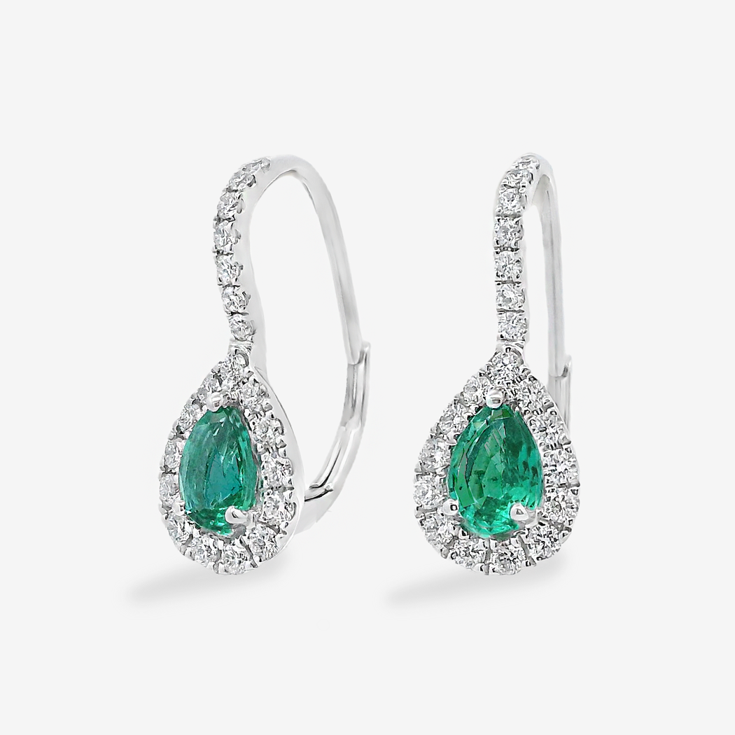 Pear Shaped Emerald & Diamond Lever Earrings