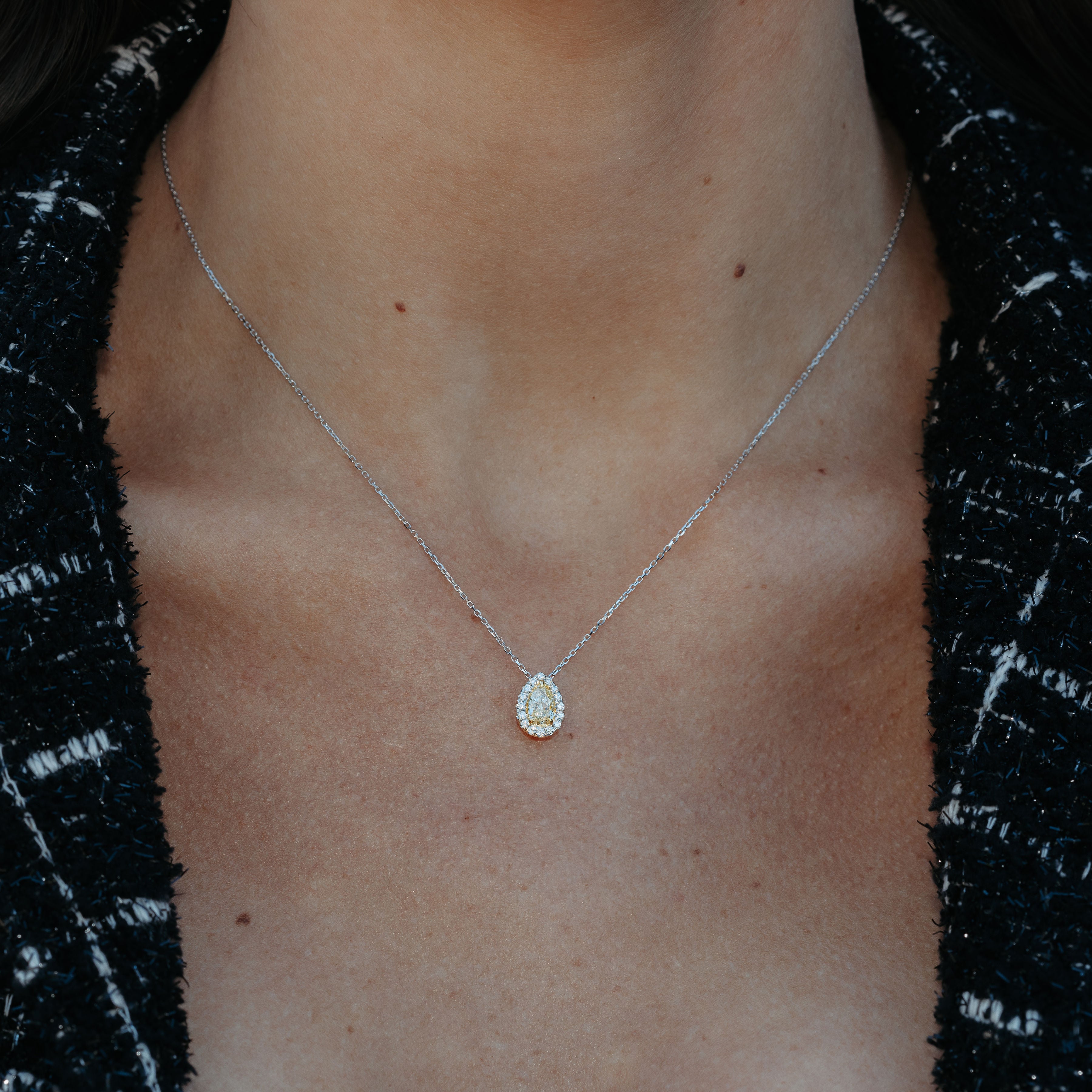 yellow and white diamond halo necklace