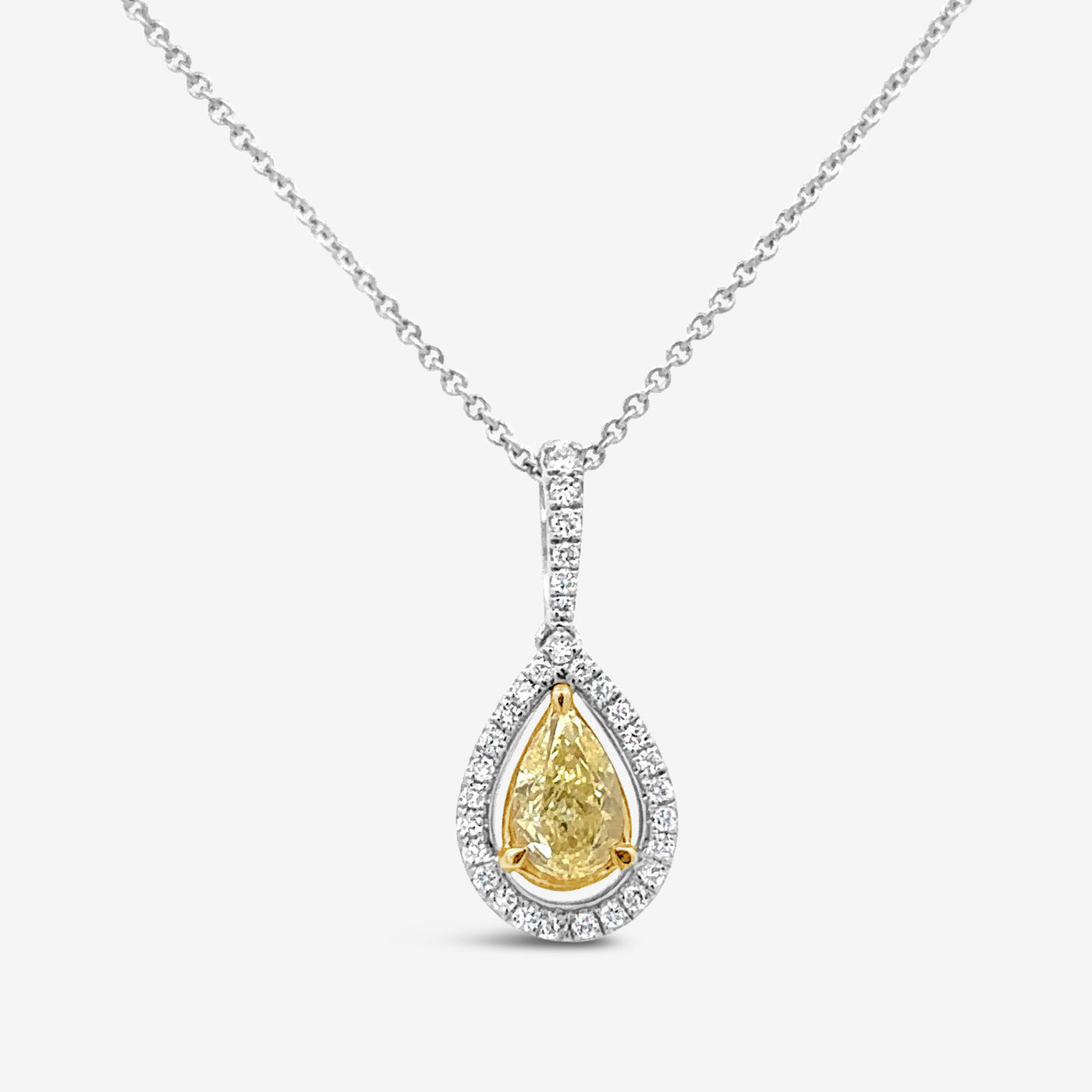 yellow and white diamond halo pendant