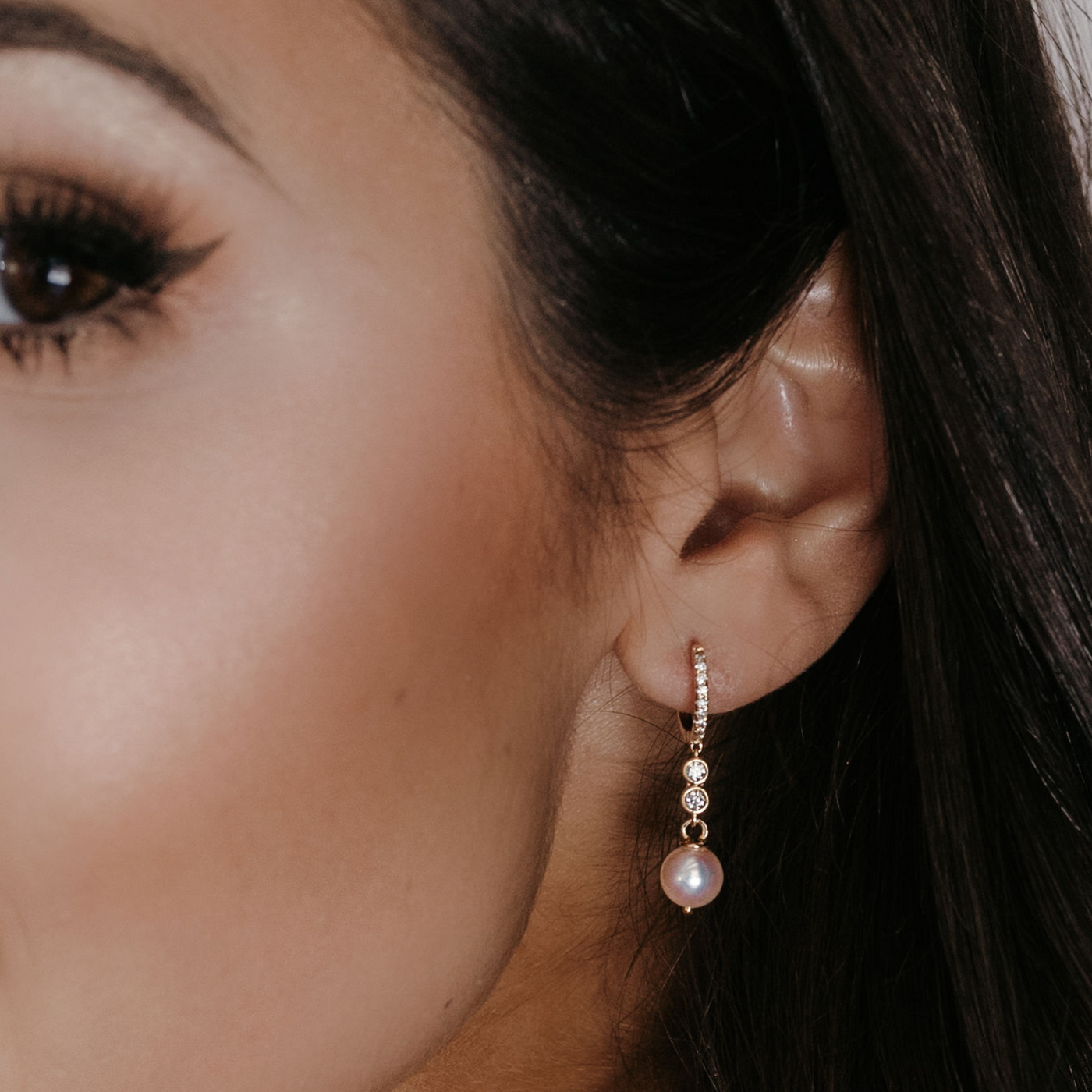 pink pearl and diamond drop earrings