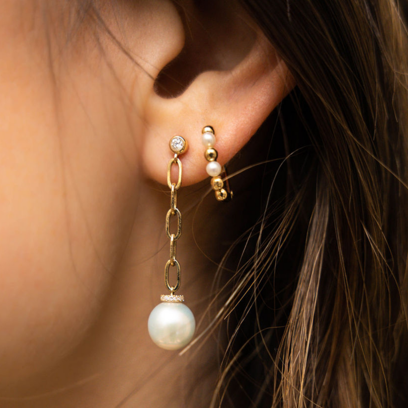 Pearl & Diamond Dangle Paper Clip Earrings