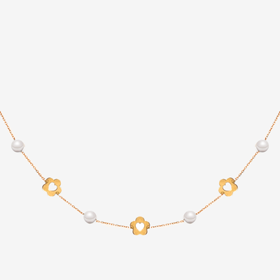 pearl and gold flower station necklace