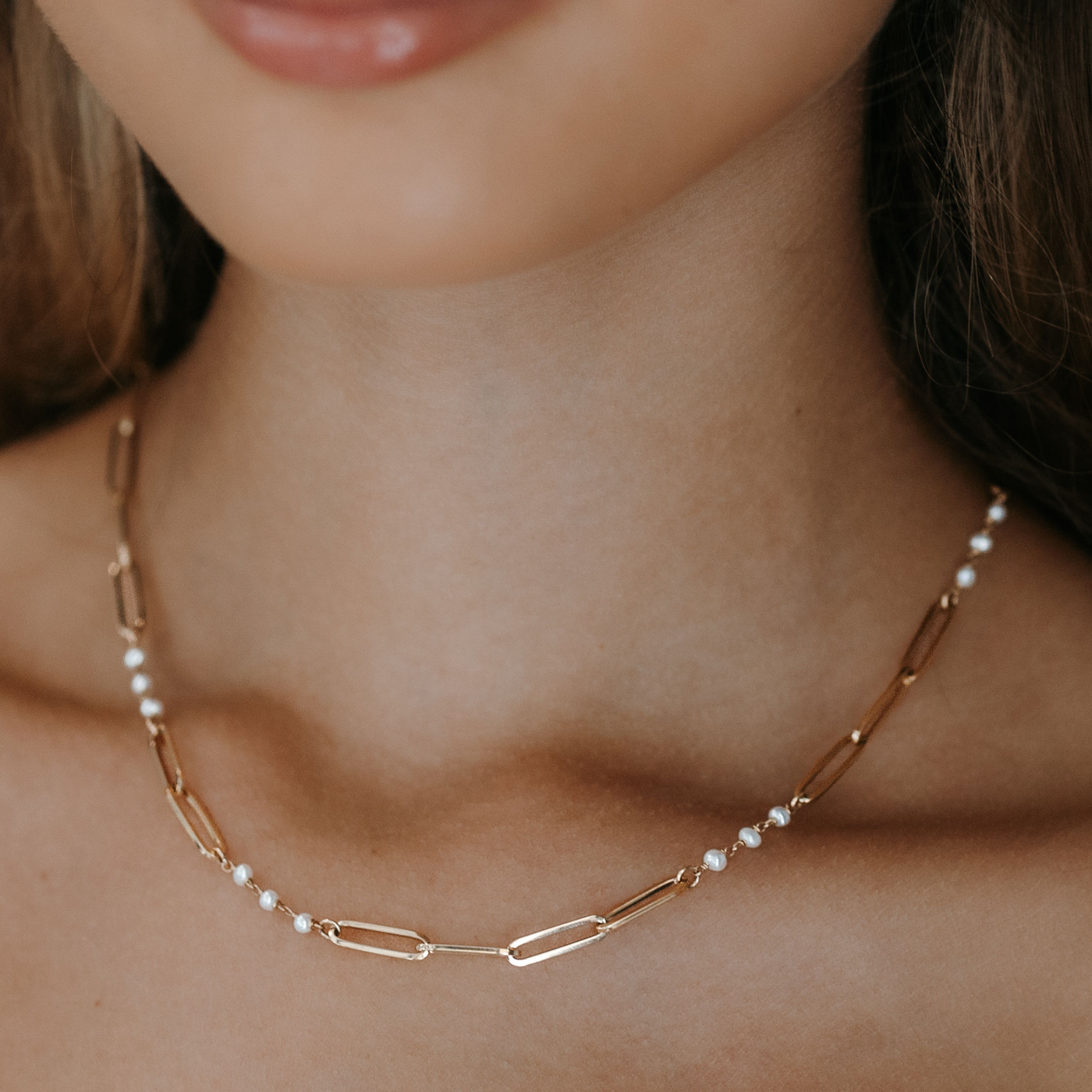 pearl and gold paperclip link station necklace