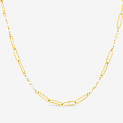 pearl and gold paperclip link station necklace