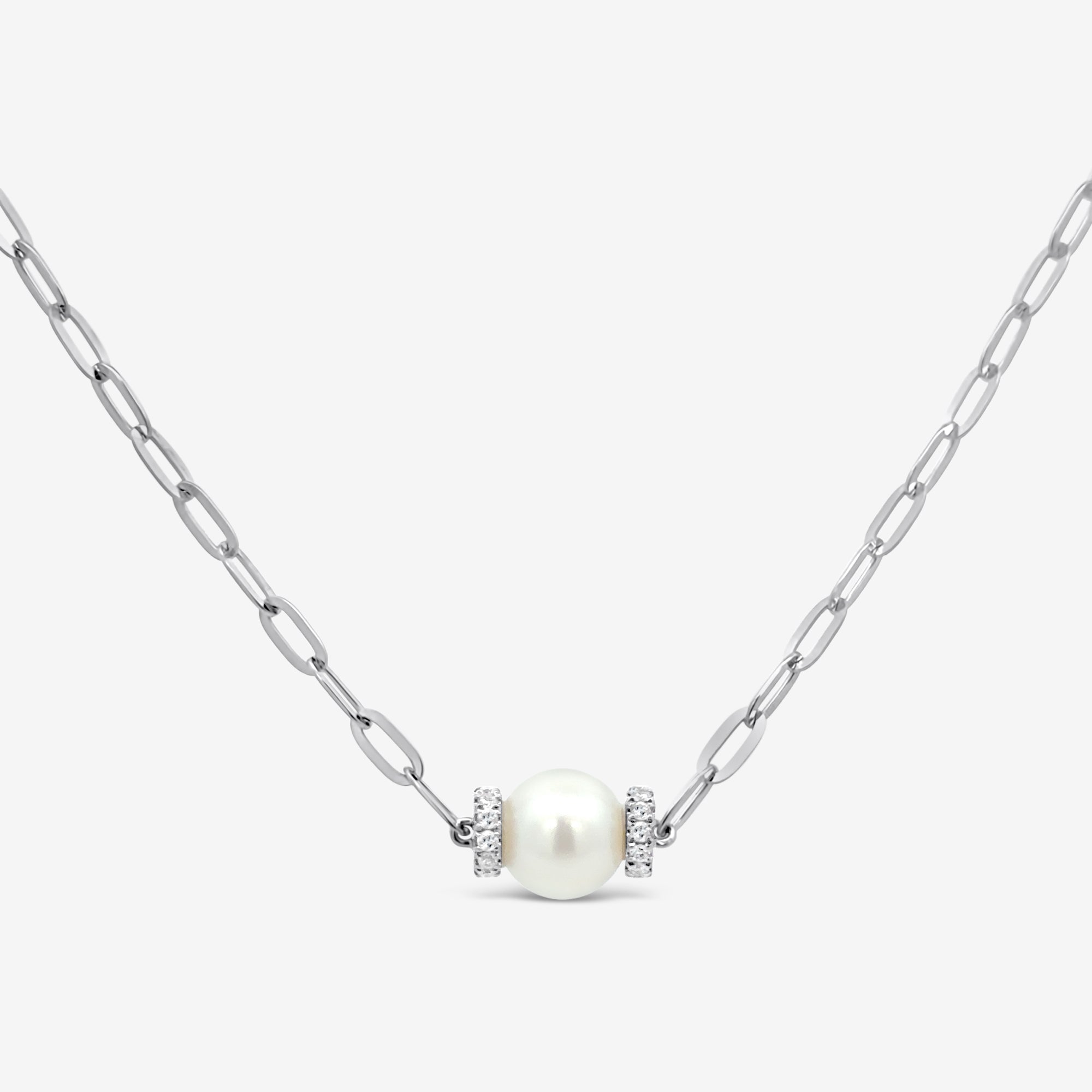 pearl an diamond paperclip necklace in white gold
