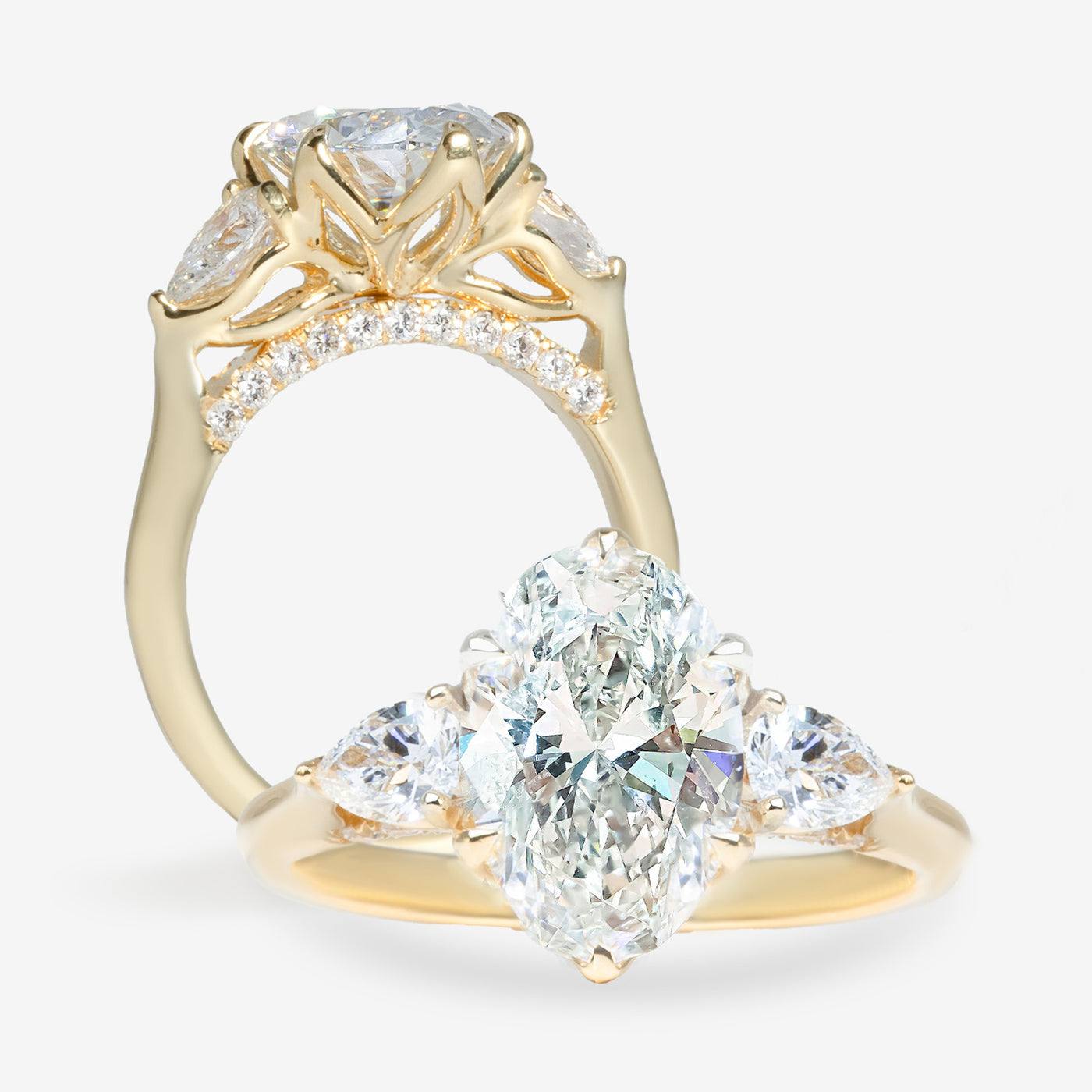 3.04CT Oval Lab Grown Diamond Petal Three Stone Engagement Ring