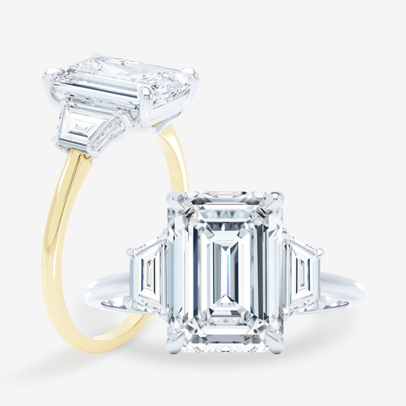 Petite 3 Stone - Trapezoid Sides - Emerald Cut Engagement Ring