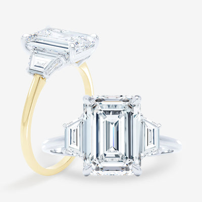 Petite 3 Stone - Trapezoid Sides - Emerald Cut Engagement Ring