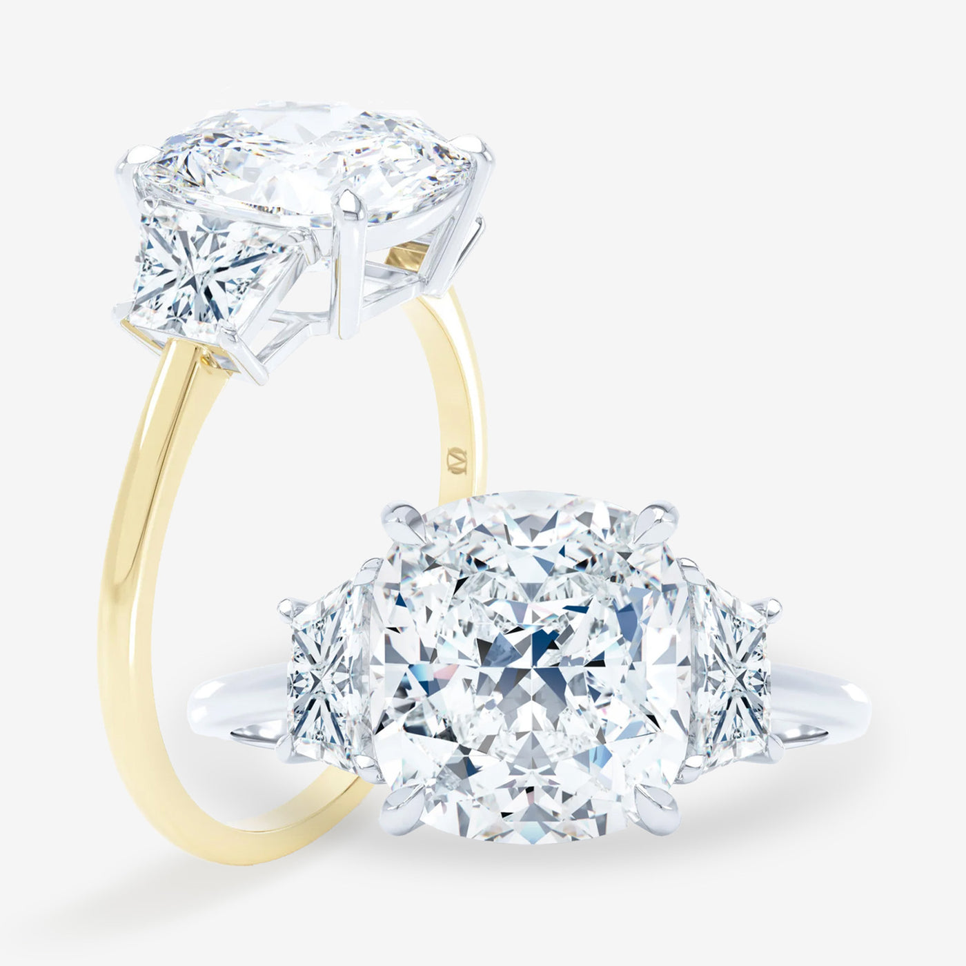 Petite 3 Stone - Trapezoid Sides - Square Cushion Engagement Ring