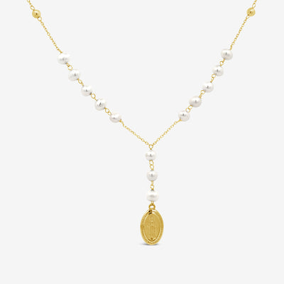 gold and pearl rosary style necklace with Virgin Mary medal