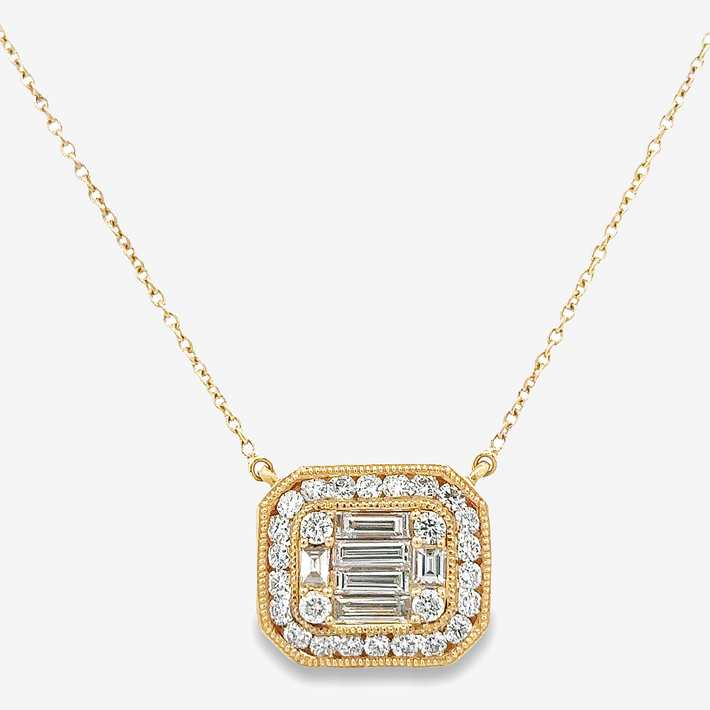 Round & Baguette Diamond Halo Necklace