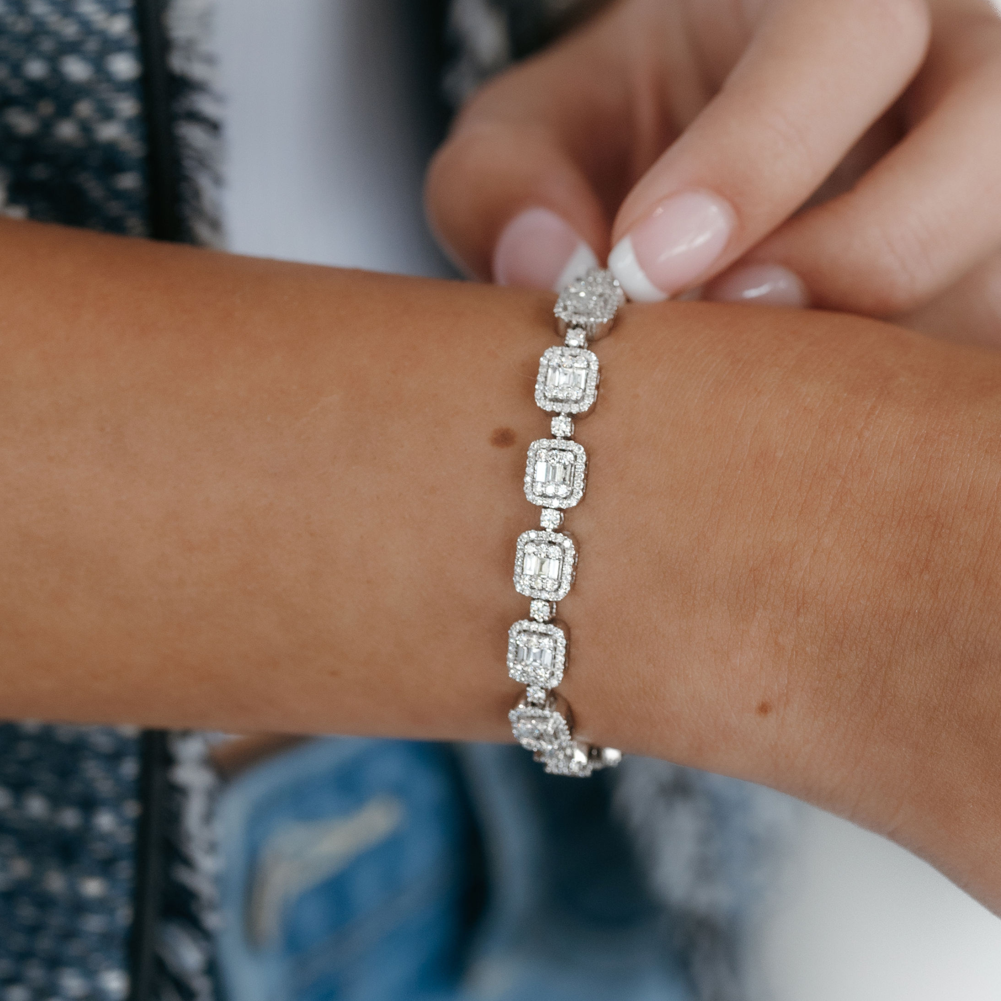 round and baguette diamond halo tennis bracelet