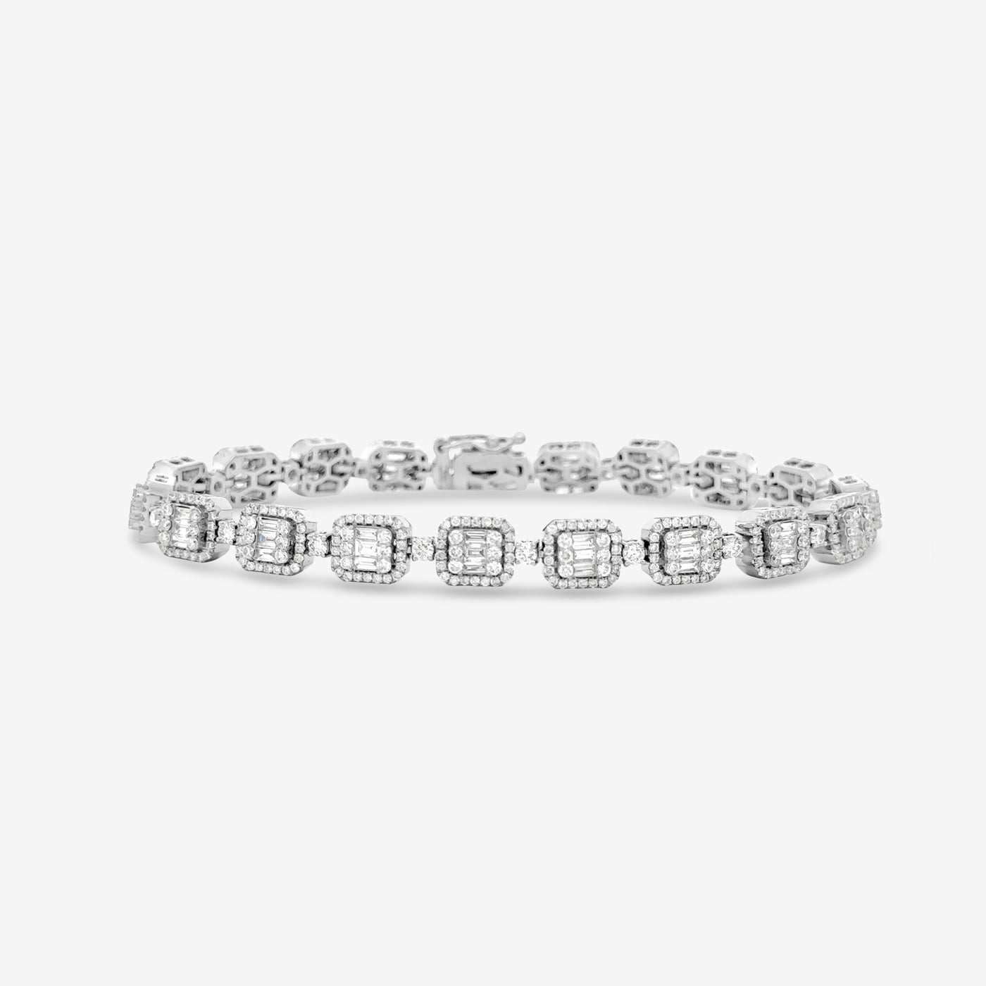 Round & Baguette Diamond Rectangular Halo Tennis Bracelet
