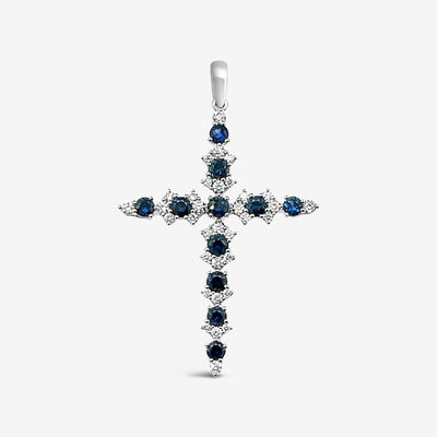 Round Blue Sapphire & Diamond Cross Pendant
