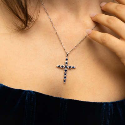 Round Blue Sapphire & Diamond Cross Pendant