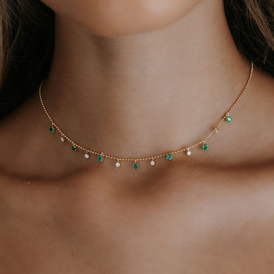 Round Emerald & Diamond Drops Necklace
