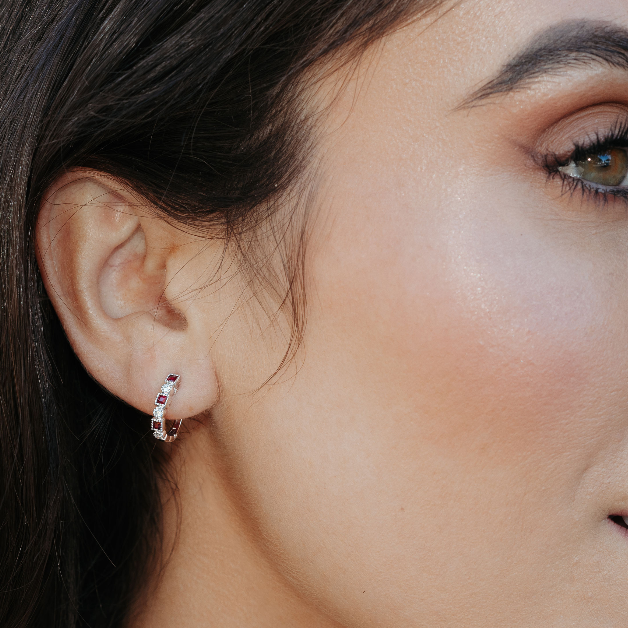 ruby and diamond hoop earrings with milgrain detail