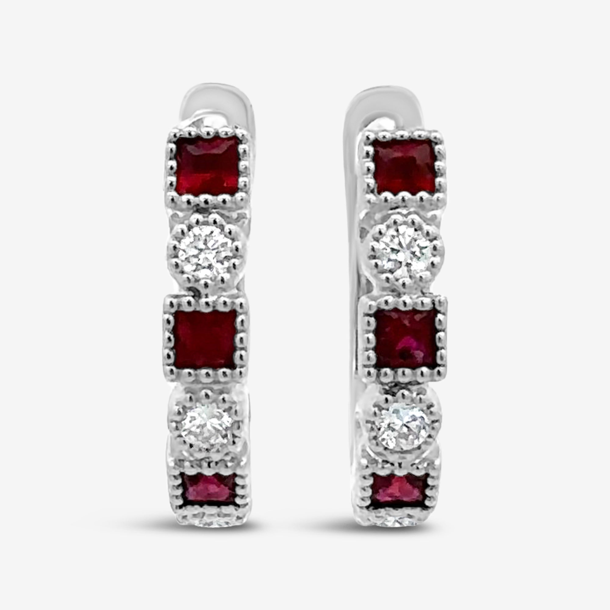 ruby and diamond hoop earrings with milgrain detail