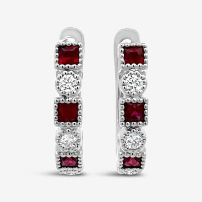 ruby and diamond hoop earrings with milgrain detail
