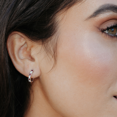 ruby and diamond hoop earrings with milgrain detail