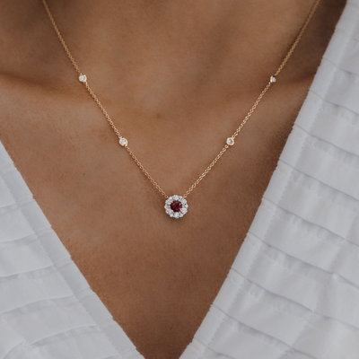 ruby and diamond halo necklace