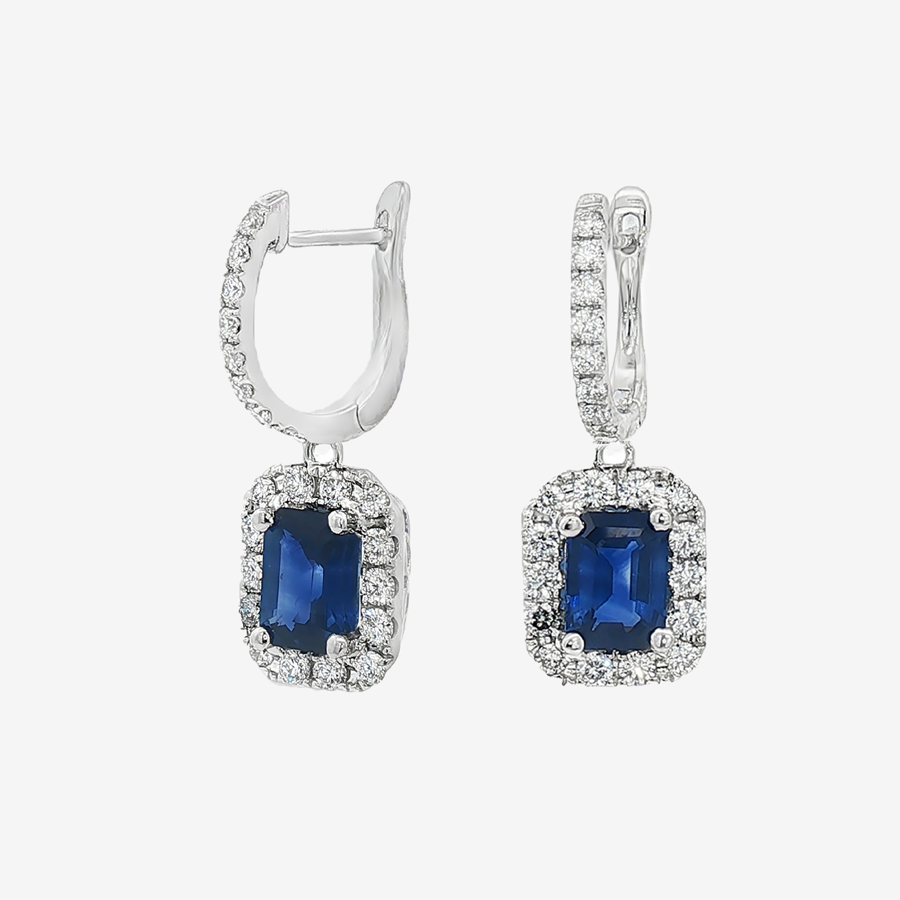 Sapphire & Diamond Emerald Cut Halo Dangle Earrings