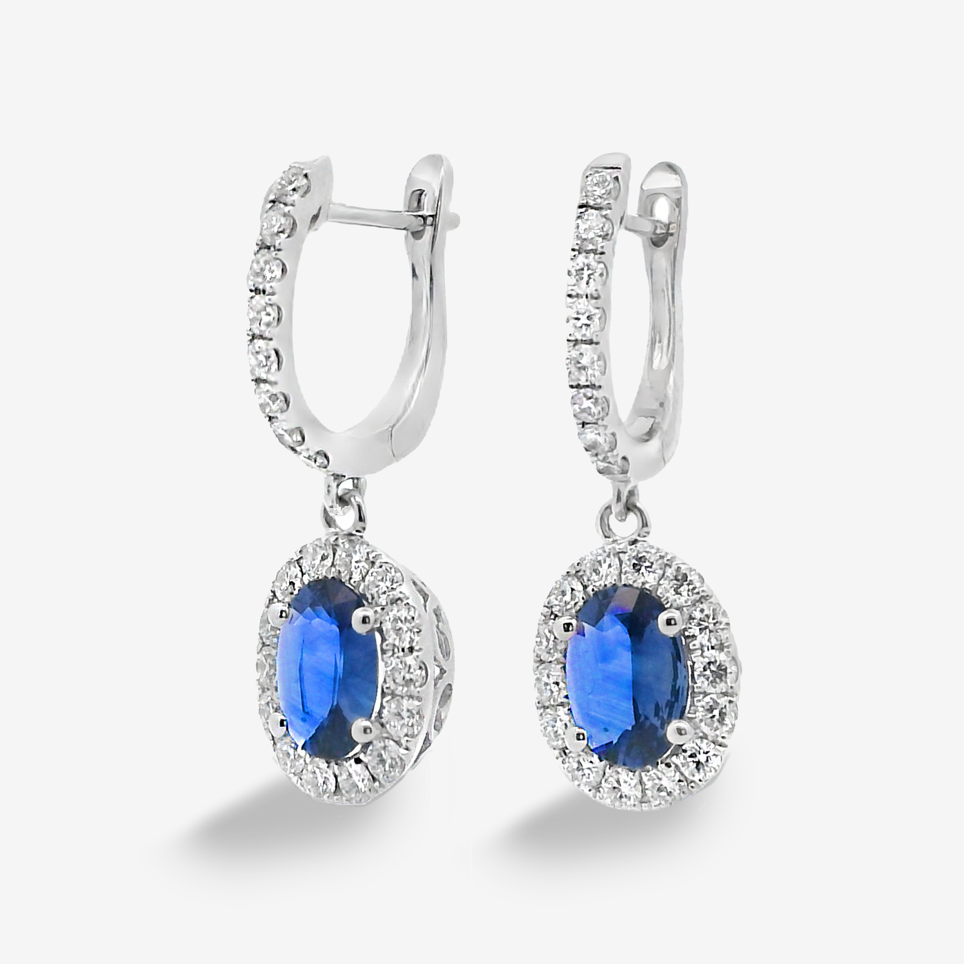 Sapphire & Diamond Oval Halo Dangle Earrings